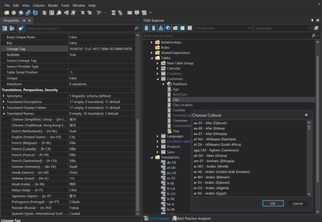 Screenshot Tabulator Editor mit verschiedenen Sprachoptionen